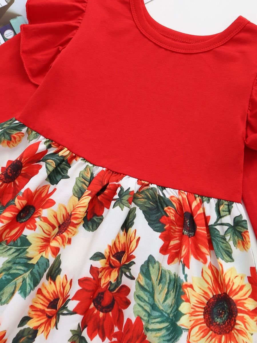 Toddler Girl Frilled Sleeve Sunflower Patchwork Dress - dianjiang-