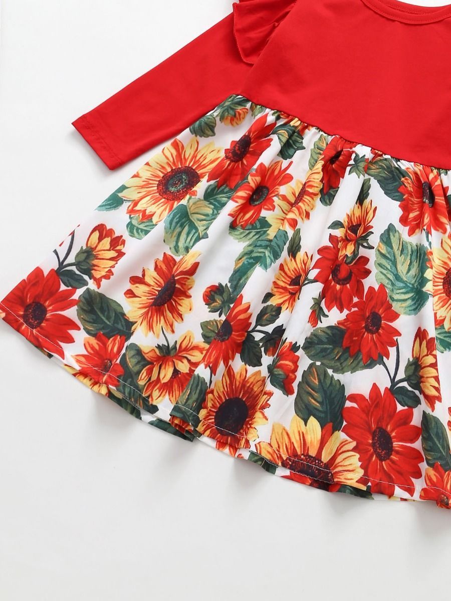 Toddler Girl Frilled Sleeve Sunflower Patchwork Dress - dianjiang-