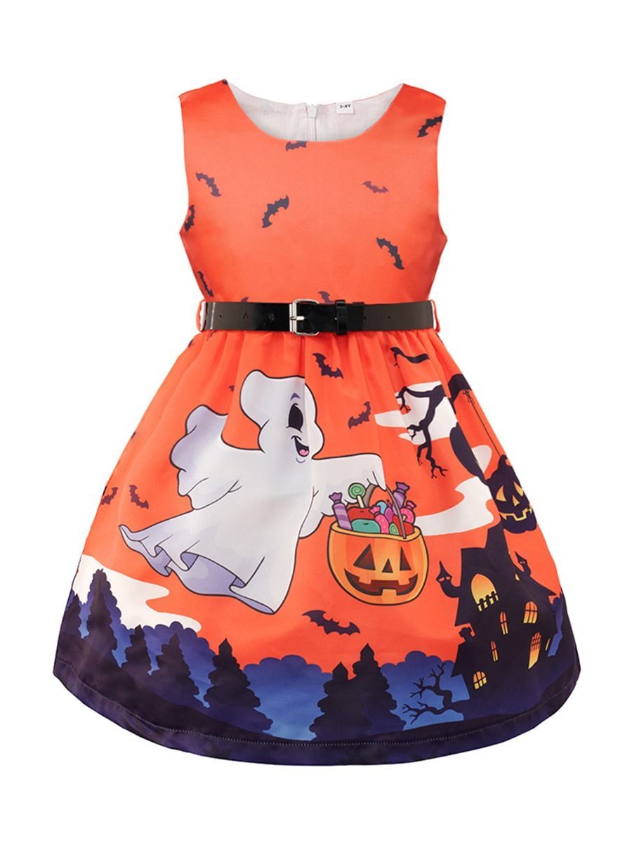 Toddler Girl Halloween Ghost Pumpkin Sleeveless Dress with Belt - dianjiang-