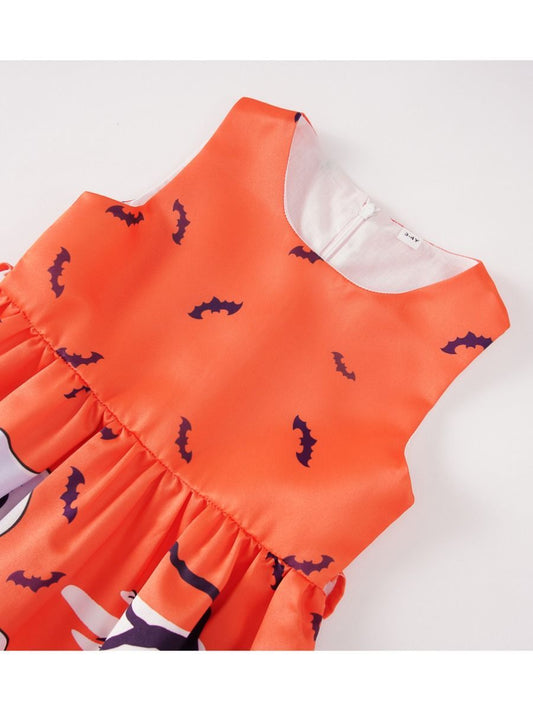 Toddler Girl Halloween Ghost Pumpkin Sleeveless Dress with Belt - dianjiang-