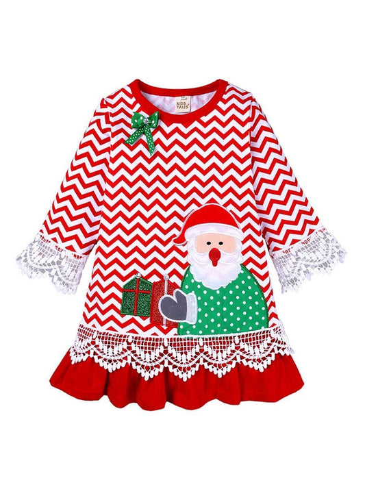 Toddler Girl Lace Santa Applique Frilled Dress - dianjiang-