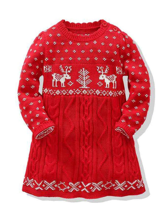 Toddler Girls Xmas Tree Deer Knitted Dress - dianjiang-