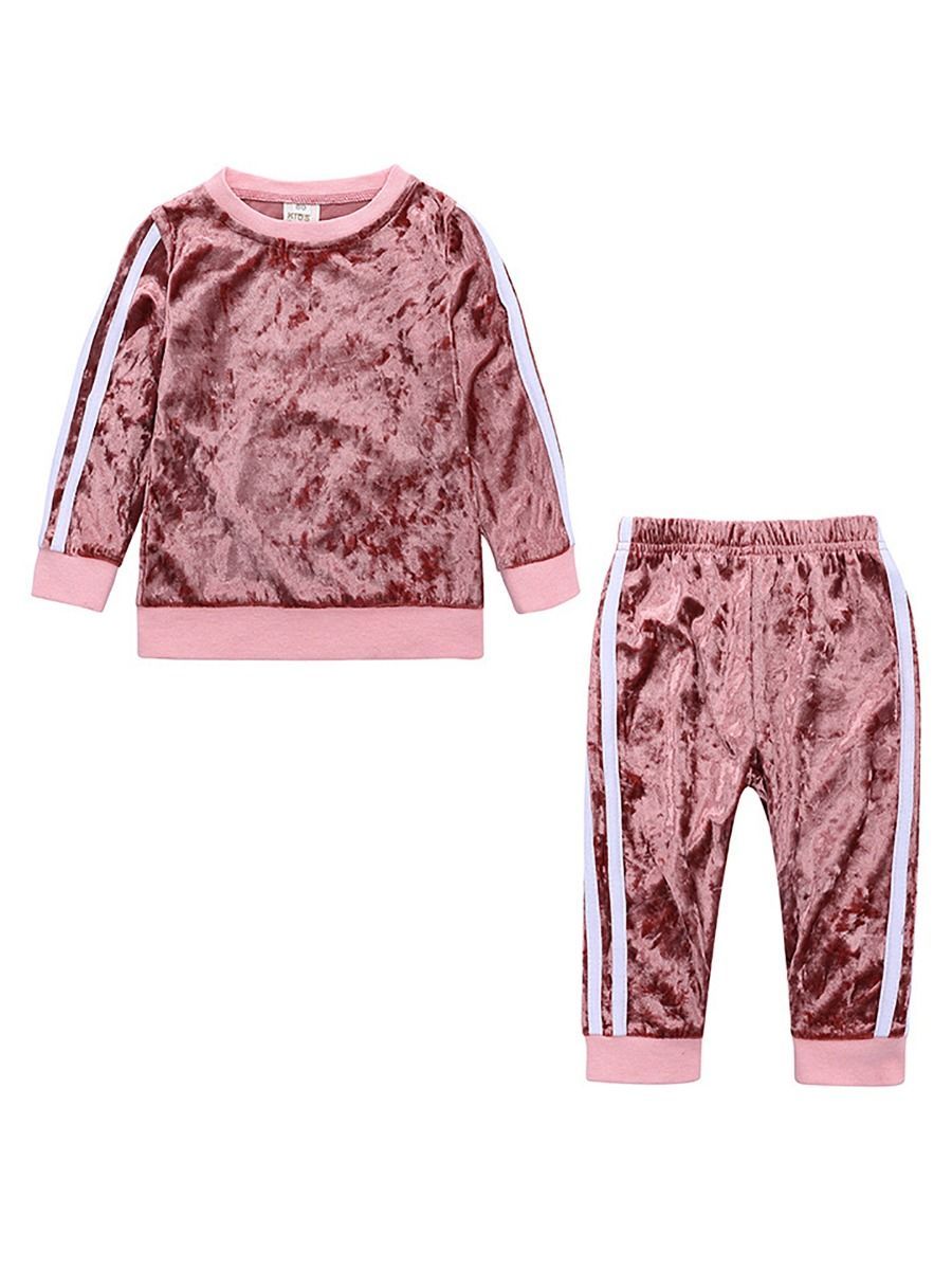 4 Colors Indoor Toddler Kids Baby Spring Striped 2-piece Velvet Clothes Set Jumper and Pants - dianjiang-