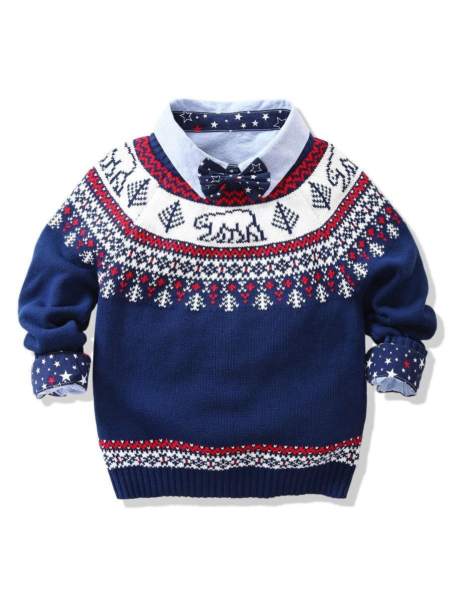 Toddler Little Boys White Bear Xmas Tree Crochet Sweater - dianjiang-