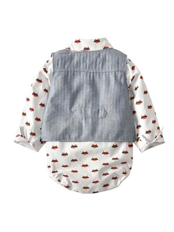 Fox Print Romper Vest Pants Set Baby Boys Long-sleeve Top Trousers - dianjiang-