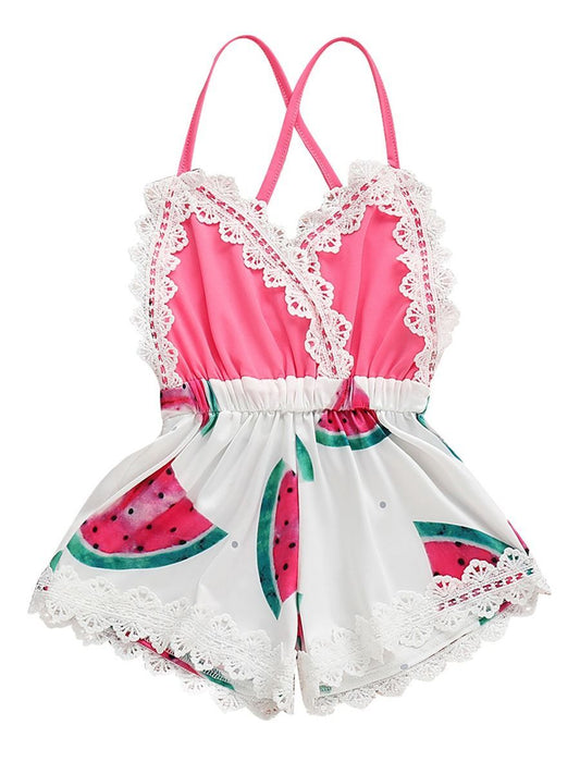 Trendy Infant Baby Girl Summer Lace Trimmed Watermelon Jumpsuit - dianjiang-