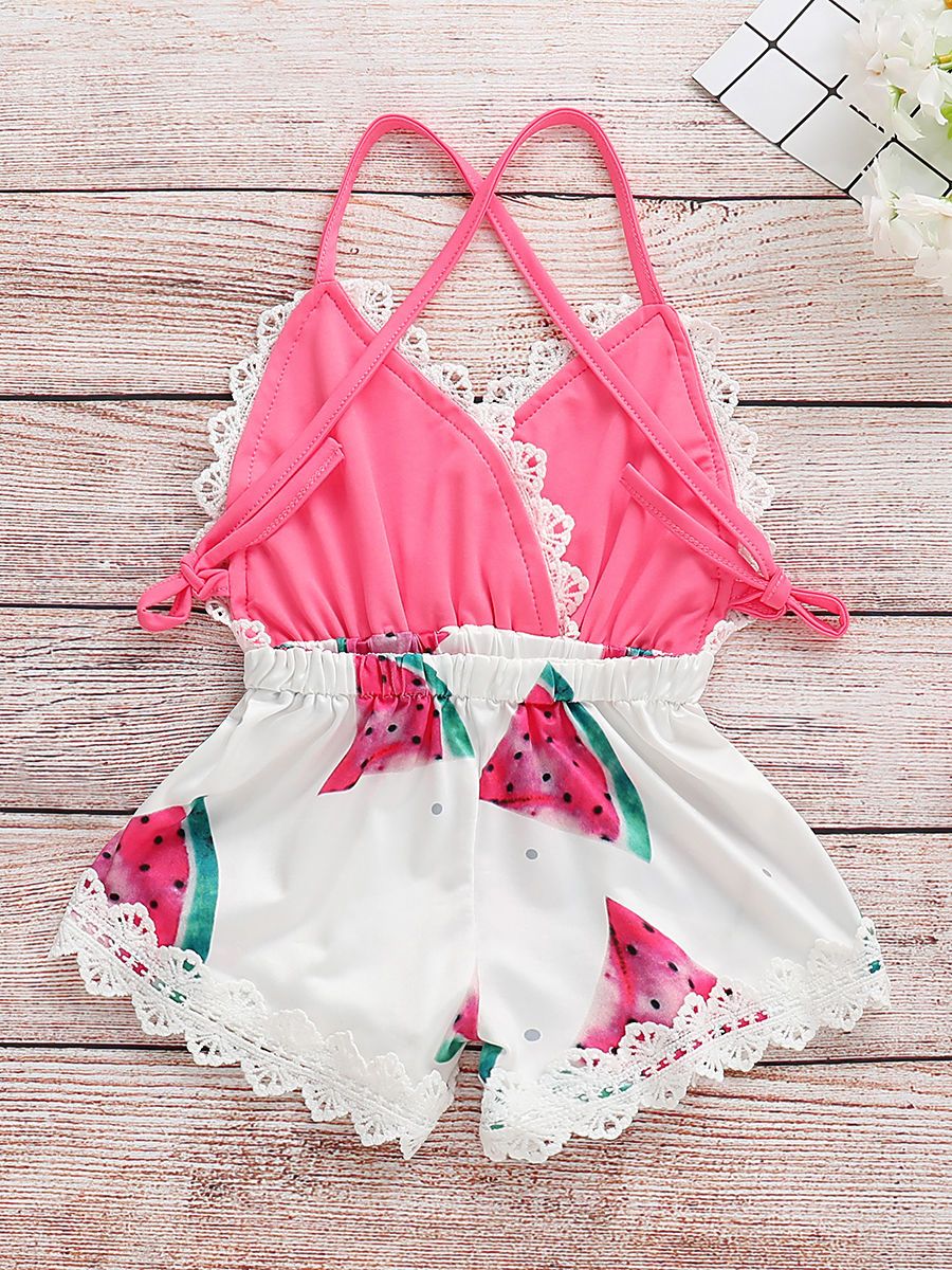 Trendy Infant Baby Girl Summer Lace Trimmed Watermelon Jumpsuit - dianjiang-