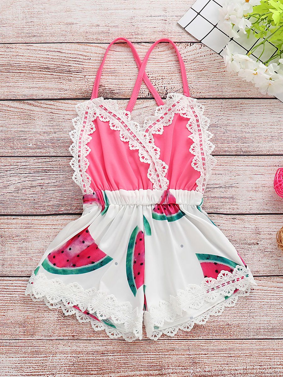 Trendy Infant Baby Girl Summer Lace Trimmed Watermelon Jumpsuit - dianjiang-