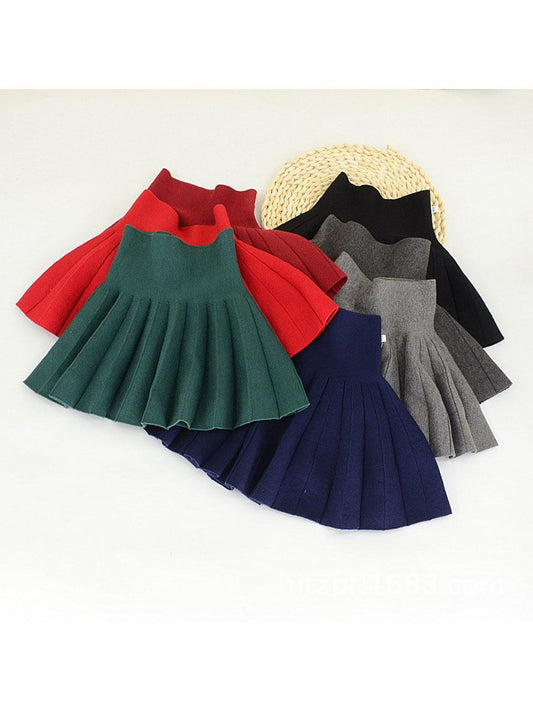 Trendy Little Girl Solid Color Knitted Pleated Skirt - dianjiang-