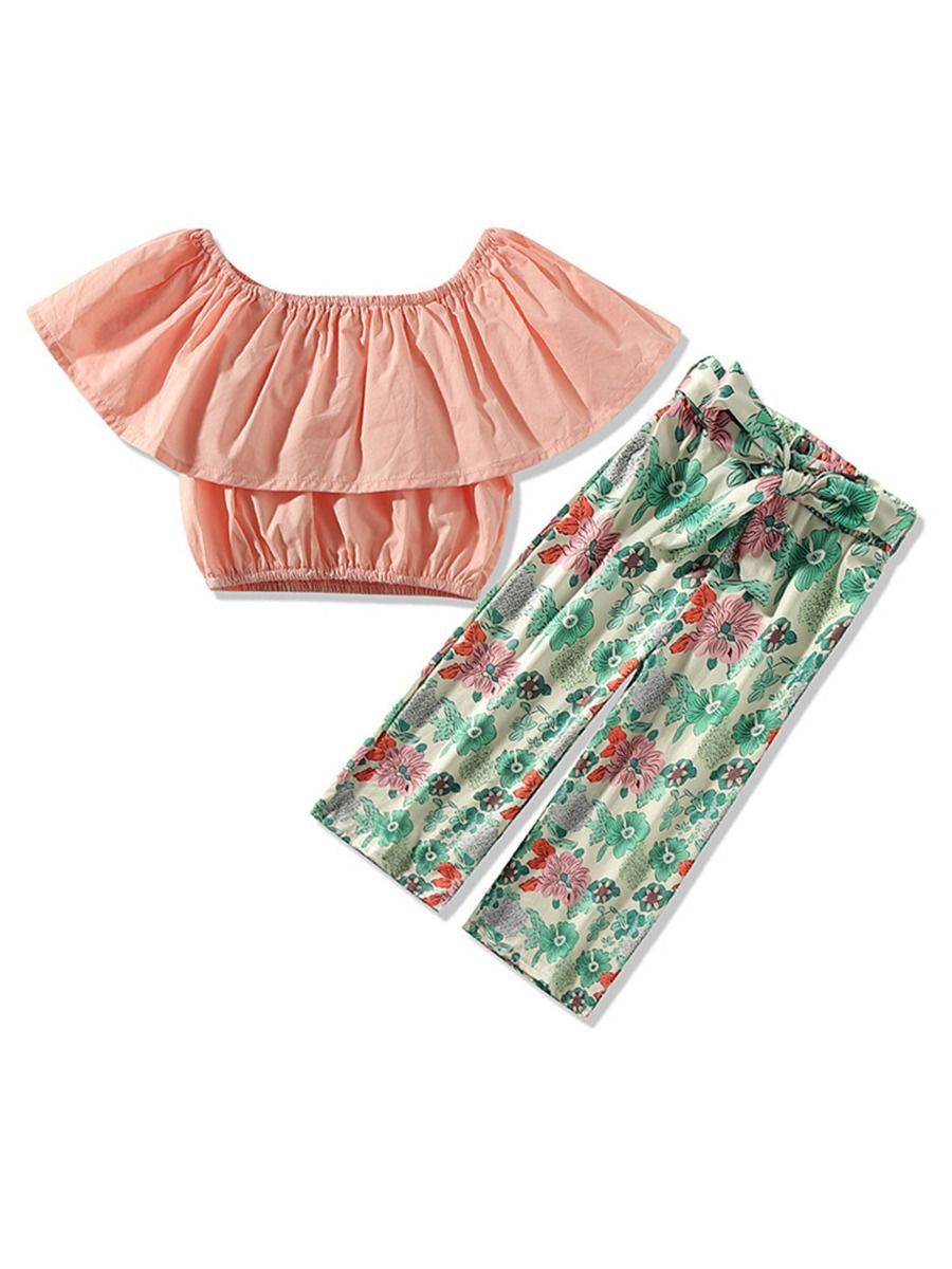 Trendy Toddler Little Girl 2-Piece Outfit Off Shoulder Top Matching Bow Flower Pants - dianjiang-