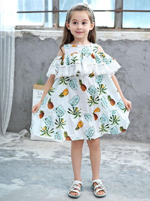 Trendy Toddlers Girls Summer Pineapple Print Fringed Dress - dianjiang-