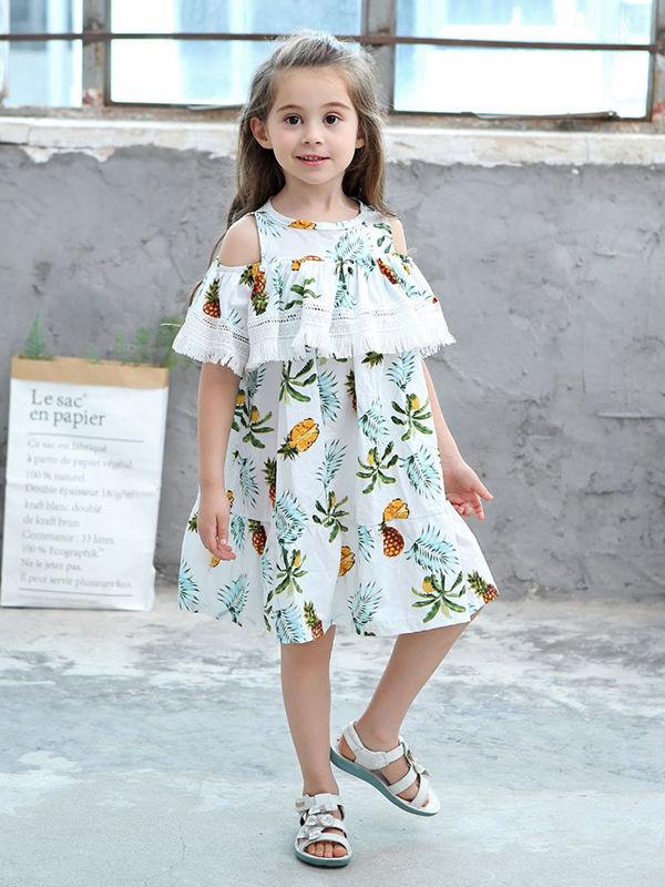 Trendy Toddlers Girls Summer Pineapple Print Fringed Dress - dianjiang-