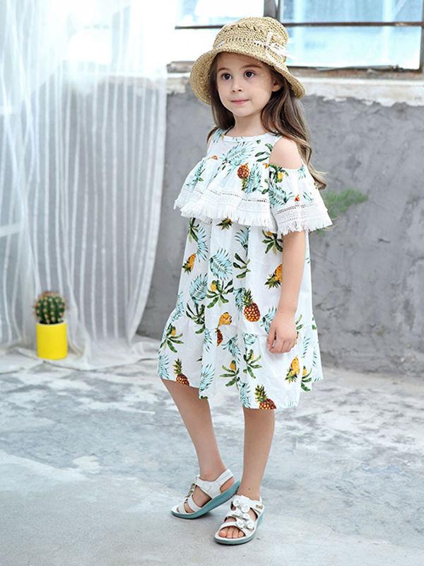 Trendy Toddlers Girls Summer Pineapple Print Fringed Dress - dianjiang-