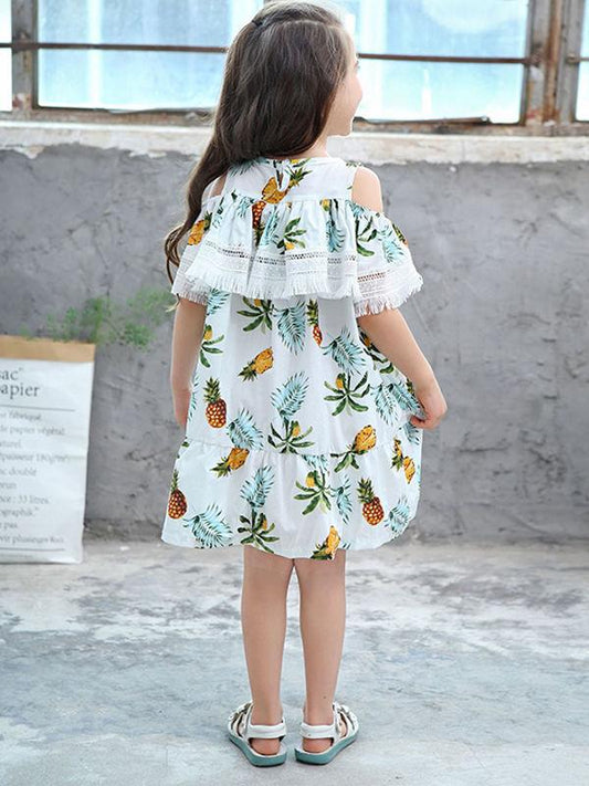 Trendy Toddlers Girls Summer Pineapple Print Fringed Dress - dianjiang-