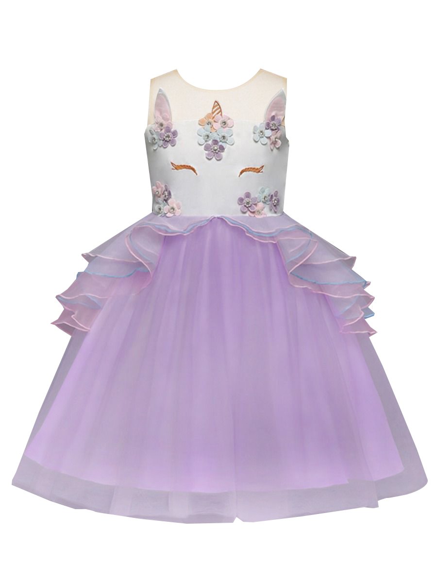 Blue and Purple Trendy Flower Unicorn Pattern Princess Dress Summer Tulle Lace Party Dress - dianjiang-