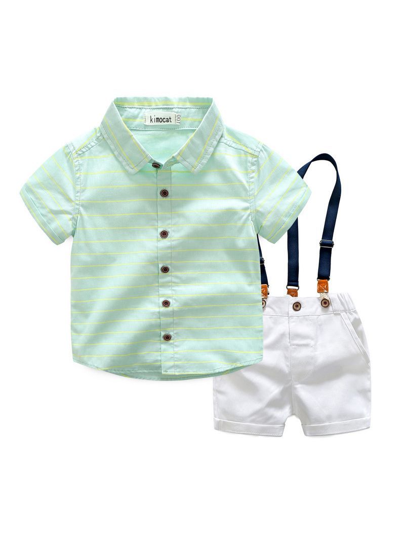 Two-Piece Fashion Toddler Boys Suit Striped Shirt+White Suspender Shorts - dianjiang-
