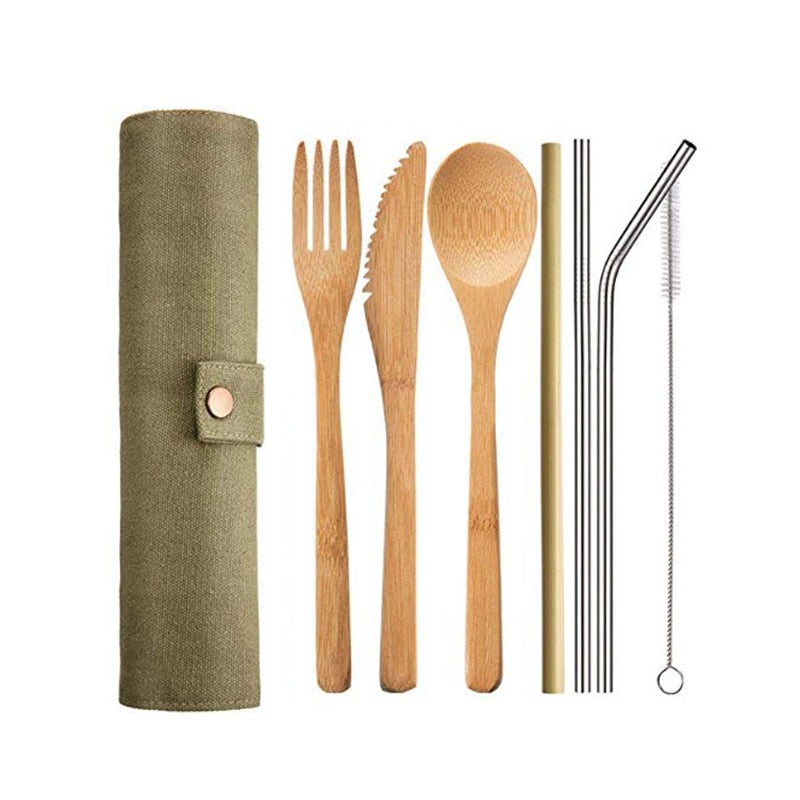 UPORS Reusable Bamboo Cutlery Set Portable Tableware Wooden Cutlery Fork Spoon Knife Set with Cutlery Bag for Travel Utensil Set - dianjiang-