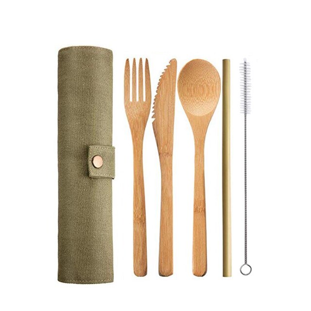 UPORS Reusable Bamboo Cutlery Set Portable Tableware Wooden Cutlery Fork Spoon Knife Set with Cutlery Bag for Travel Utensil Set - dianjiang-