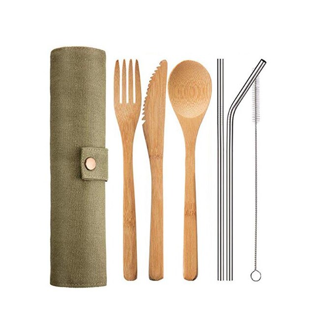 UPORS Reusable Bamboo Cutlery Set Portable Tableware Wooden Cutlery Fork Spoon Knife Set with Cutlery Bag for Travel Utensil Set - dianjiang-