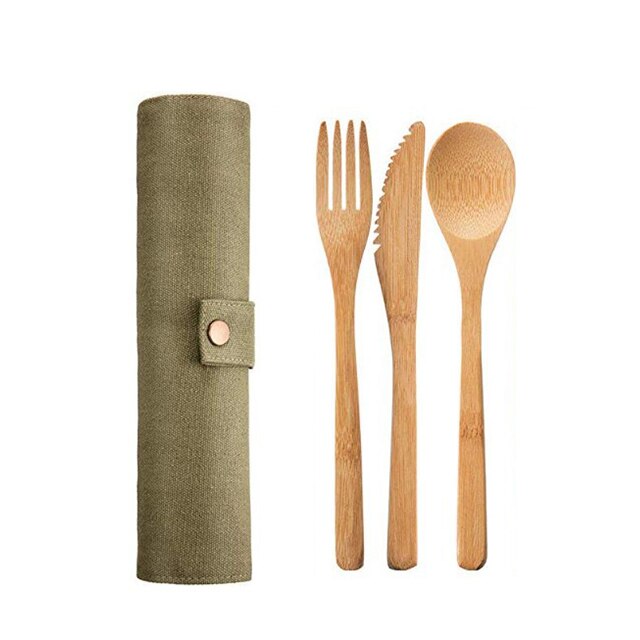 UPORS Reusable Bamboo Cutlery Set Portable Tableware Wooden Cutlery Fork Spoon Knife Set with Cutlery Bag for Travel Utensil Set - dianjiang-