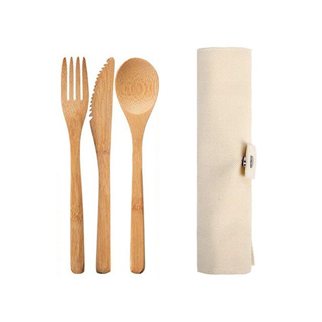 UPORS Reusable Bamboo Cutlery Set Portable Tableware Wooden Cutlery Fork Spoon Knife Set with Cutlery Bag for Travel Utensil Set - dianjiang-