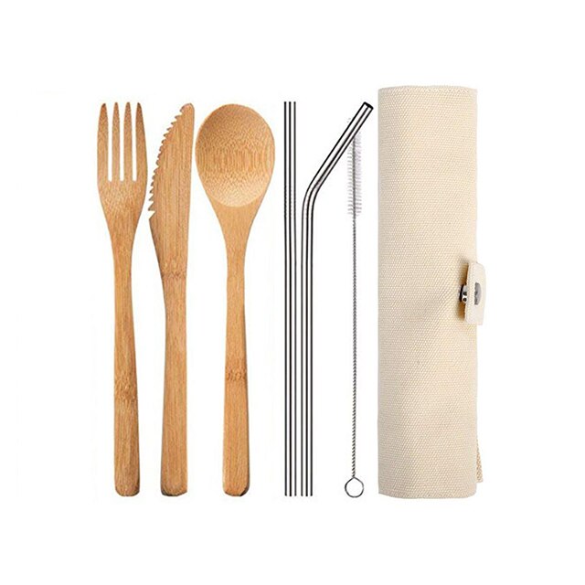 UPORS Reusable Bamboo Cutlery Set Portable Tableware Wooden Cutlery Fork Spoon Knife Set with Cutlery Bag for Travel Utensil Set - dianjiang-