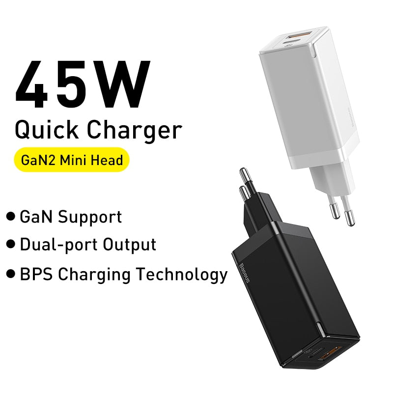 Baseus GaN Charger 45W PD USB C Charger With Quick Charge 4.0 3.0 Dual USB Ports Phone Charger ForiP ForXiaomi ForSamsung Laptop - dianjiang-