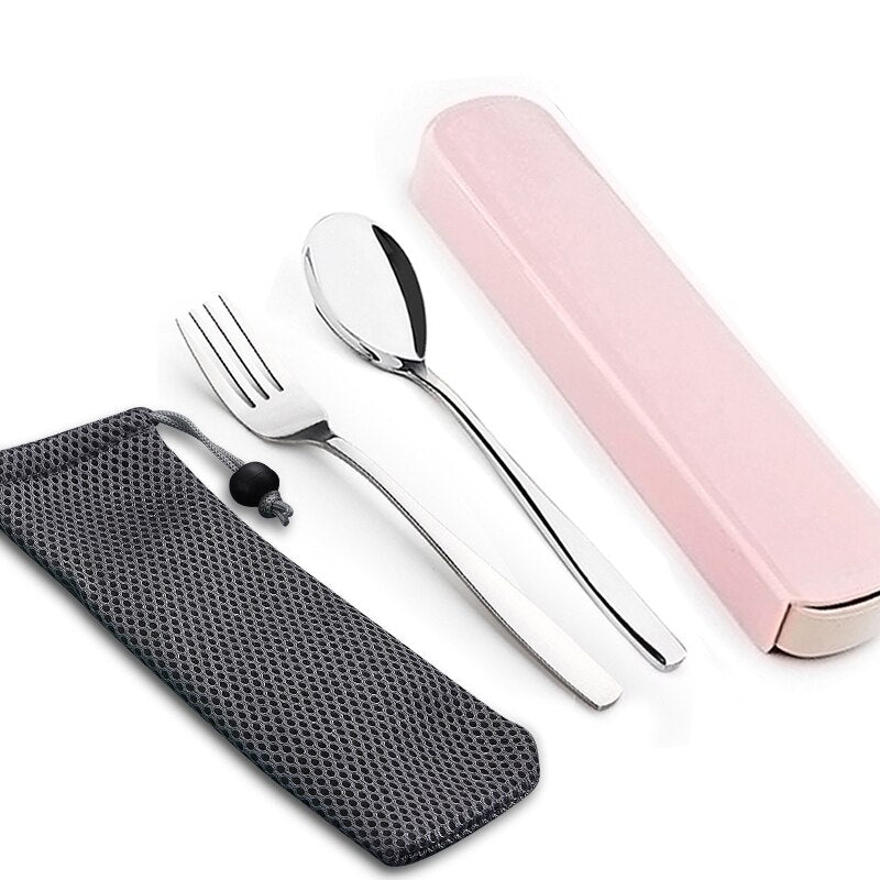 WORTHBUY Portable Travel Tableware Set Stainless Steel Dinnerware With Box Kitchen Fork Spoon Dinner Set For Kid School Cutlery - dianjiang-