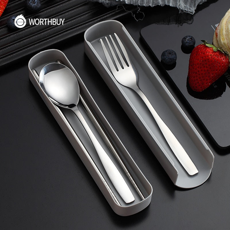 WORTHBUY Portable Travel Tableware Set Stainless Steel Dinnerware With Box Kitchen Fork Spoon Dinner Set For Kid School Cutlery - dianjiang-