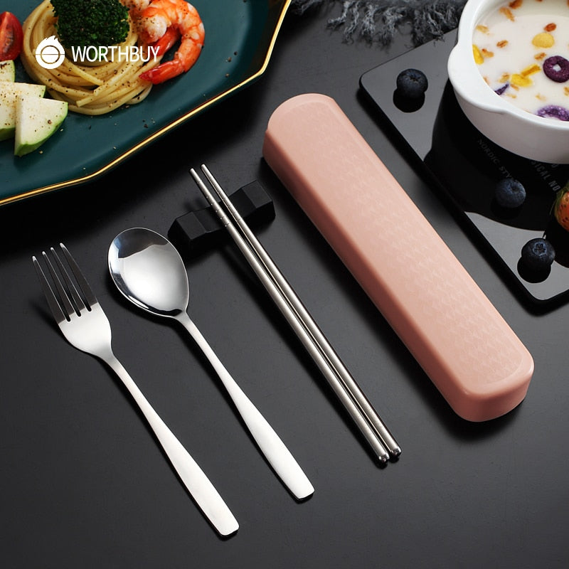 WORTHBUY Portable Travel Tableware Set Stainless Steel Dinnerware With Box Kitchen Fork Spoon Dinner Set For Kid School Cutlery - dianjiang-