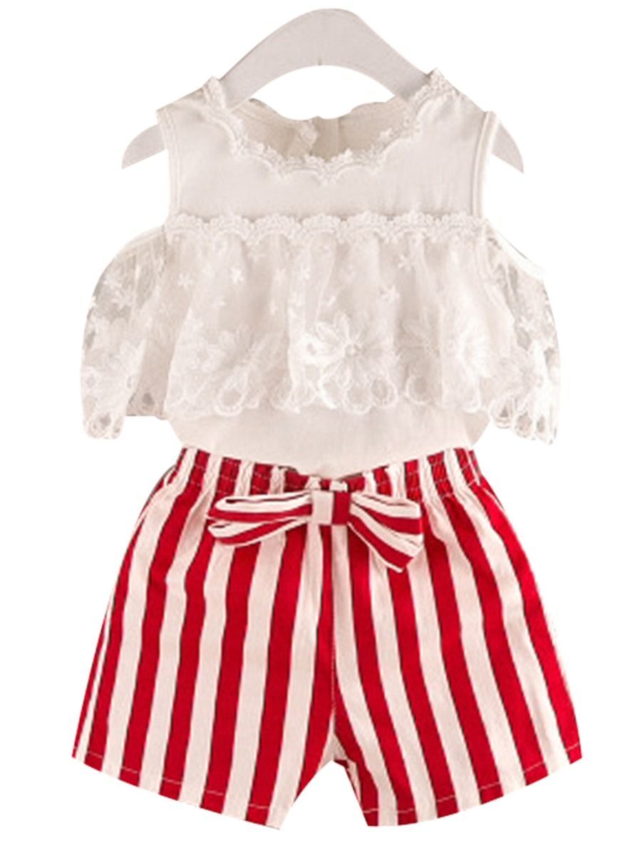 2-Piece Outfit White Flower Lace Off Shoudler Top + Beaded Necklace + Stripe Shorts - dianjiang-