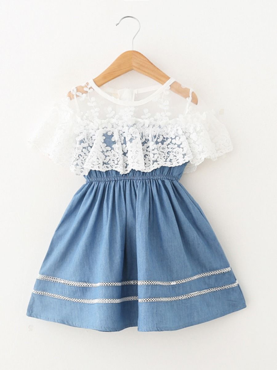 White Lace Trim Flower Patchwork Denim Dress - dianjiang-