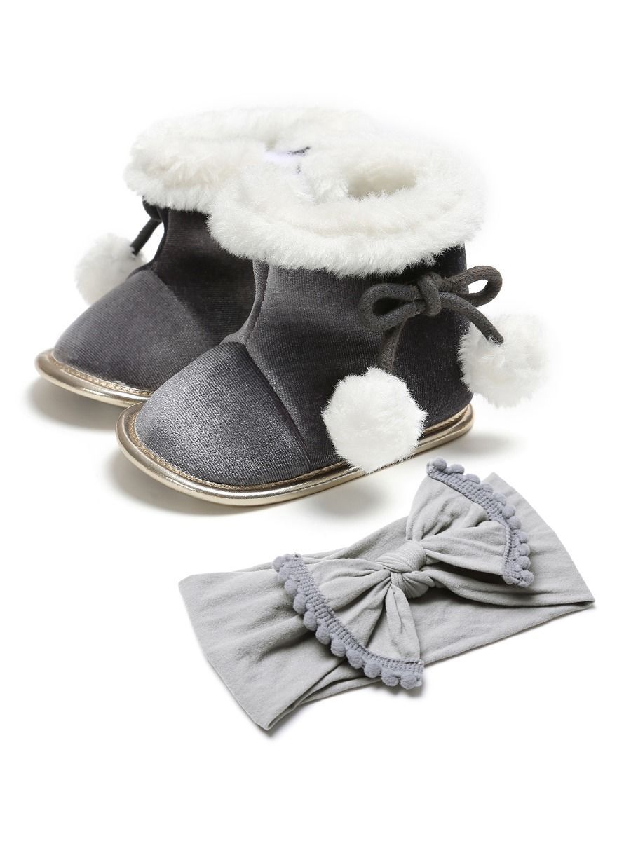 Winter 2-Piece Baby Girl Soft Fur Snow Boots Matching Headband - dianjiang-