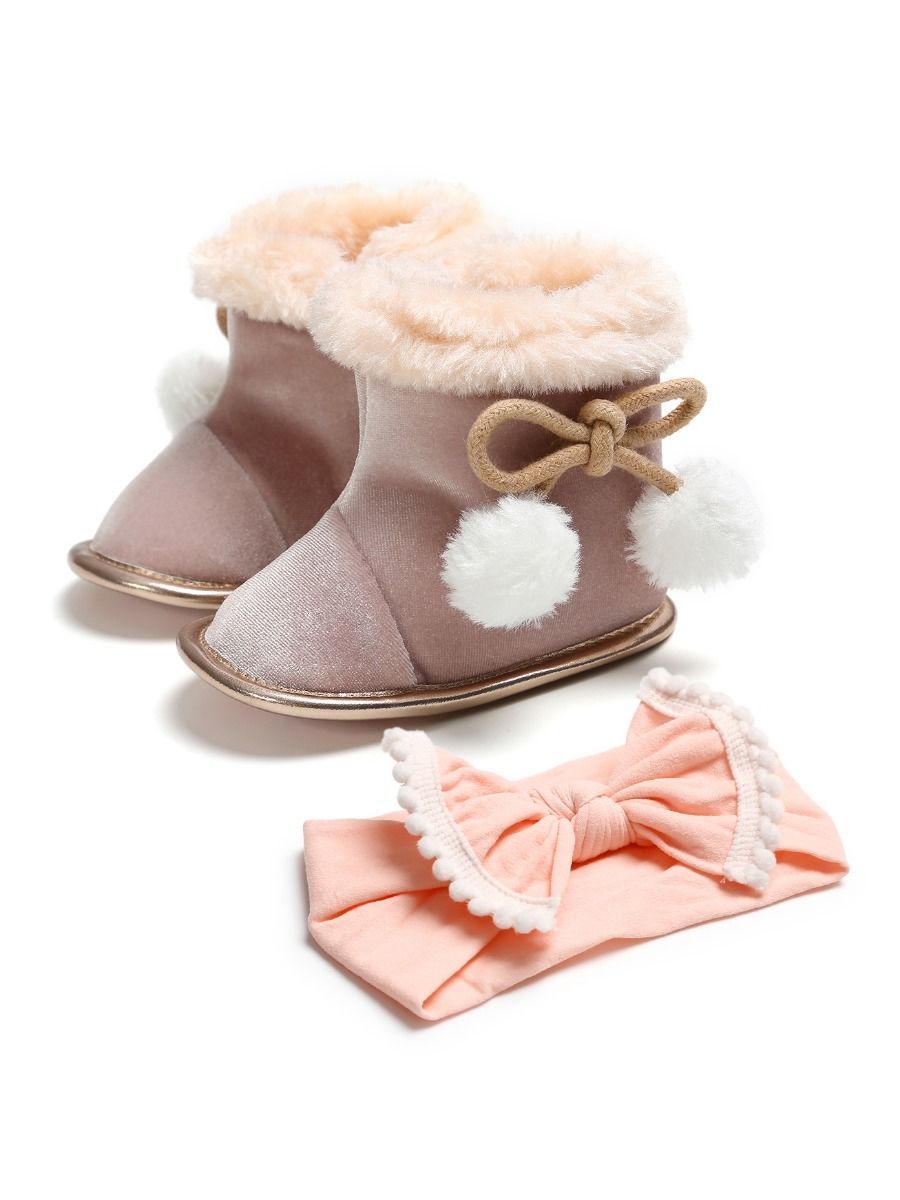 Winter 2-Piece Baby Girl Soft Fur Snow Boots Matching Headband - dianjiang-
