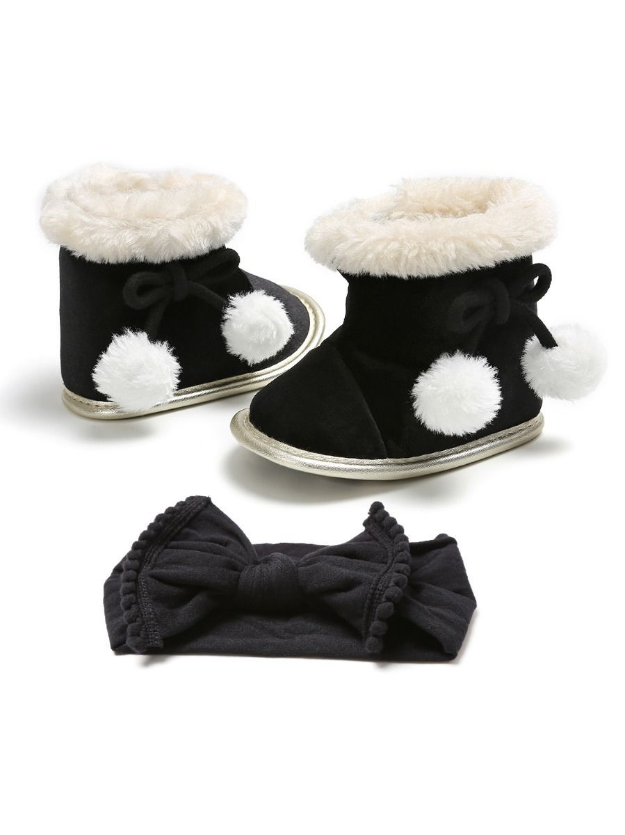 Winter 2-Piece Baby Girl Soft Fur Snow Boots Matching Headband - dianjiang-