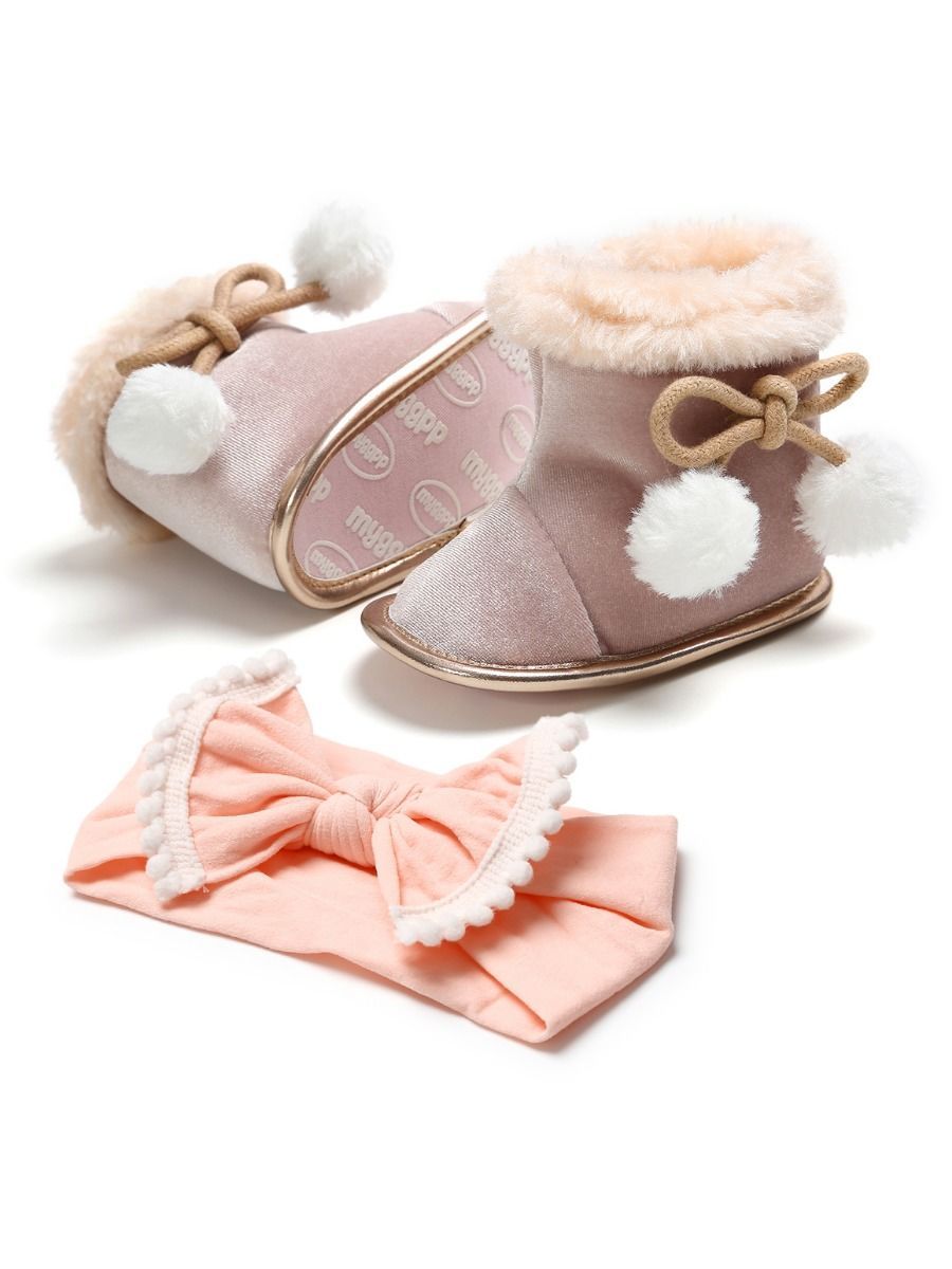 Winter 2-Piece Baby Girl Soft Fur Snow Boots Matching Headband - dianjiang-