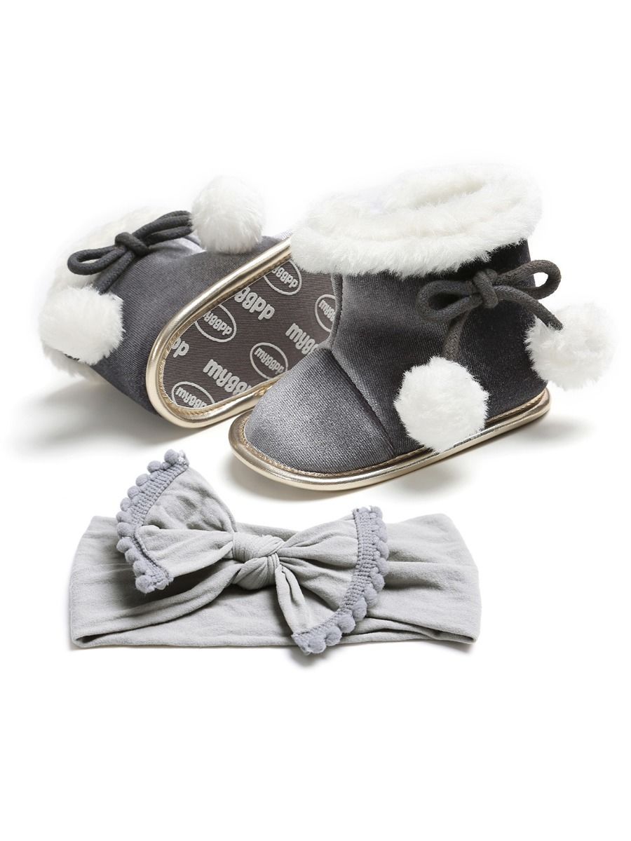 Winter 2-Piece Baby Girl Soft Fur Snow Boots Matching Headband - dianjiang-