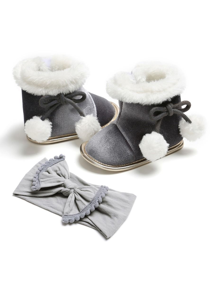 Winter 2-Piece Baby Girl Soft Fur Snow Boots Matching Headband - dianjiang-