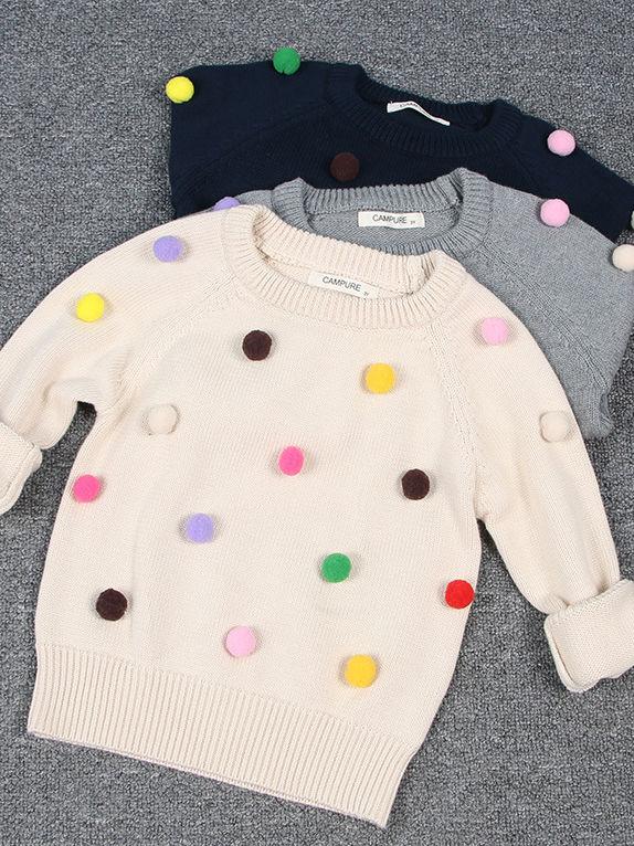 Cute Colorful Jumper Ball Trimmed Knitted Cotton Sweater Children Winter Clothes - dianjiang-