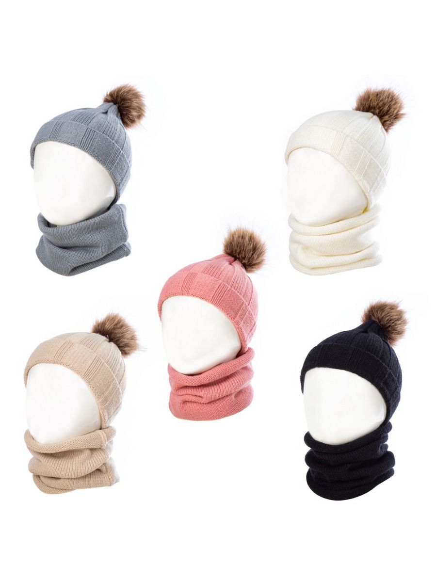 Winter Fashion 2-Piece Faux Fur Pom Knitted Beanie Hat Matching Scarf - dianjiang-