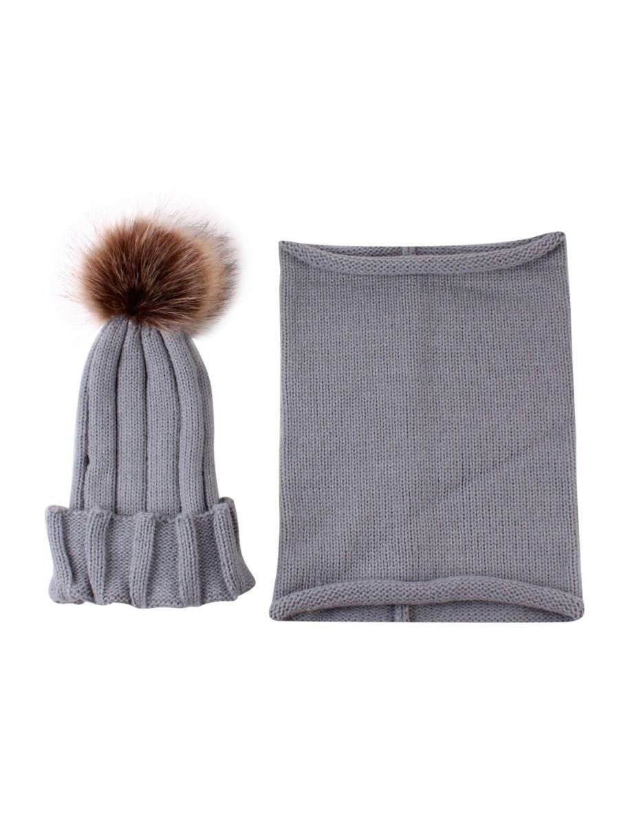 Winter Fashion 2-Piece Faux Fur Pom Knitted Beanie Hat Matching Scarf - dianjiang-