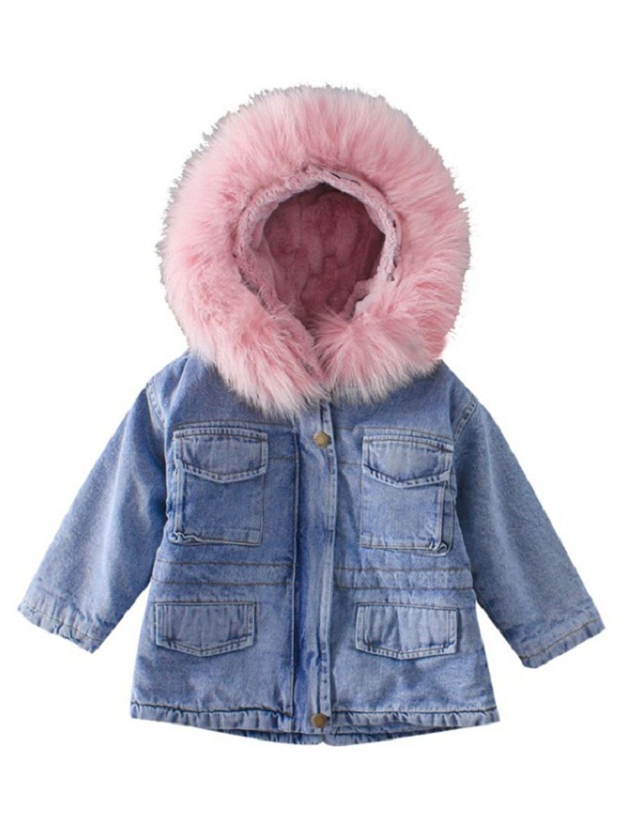 2 Colors Winter Stylish Denim Fur Hooded Winter Coat Jacket Pink and Blue - dianjiang-