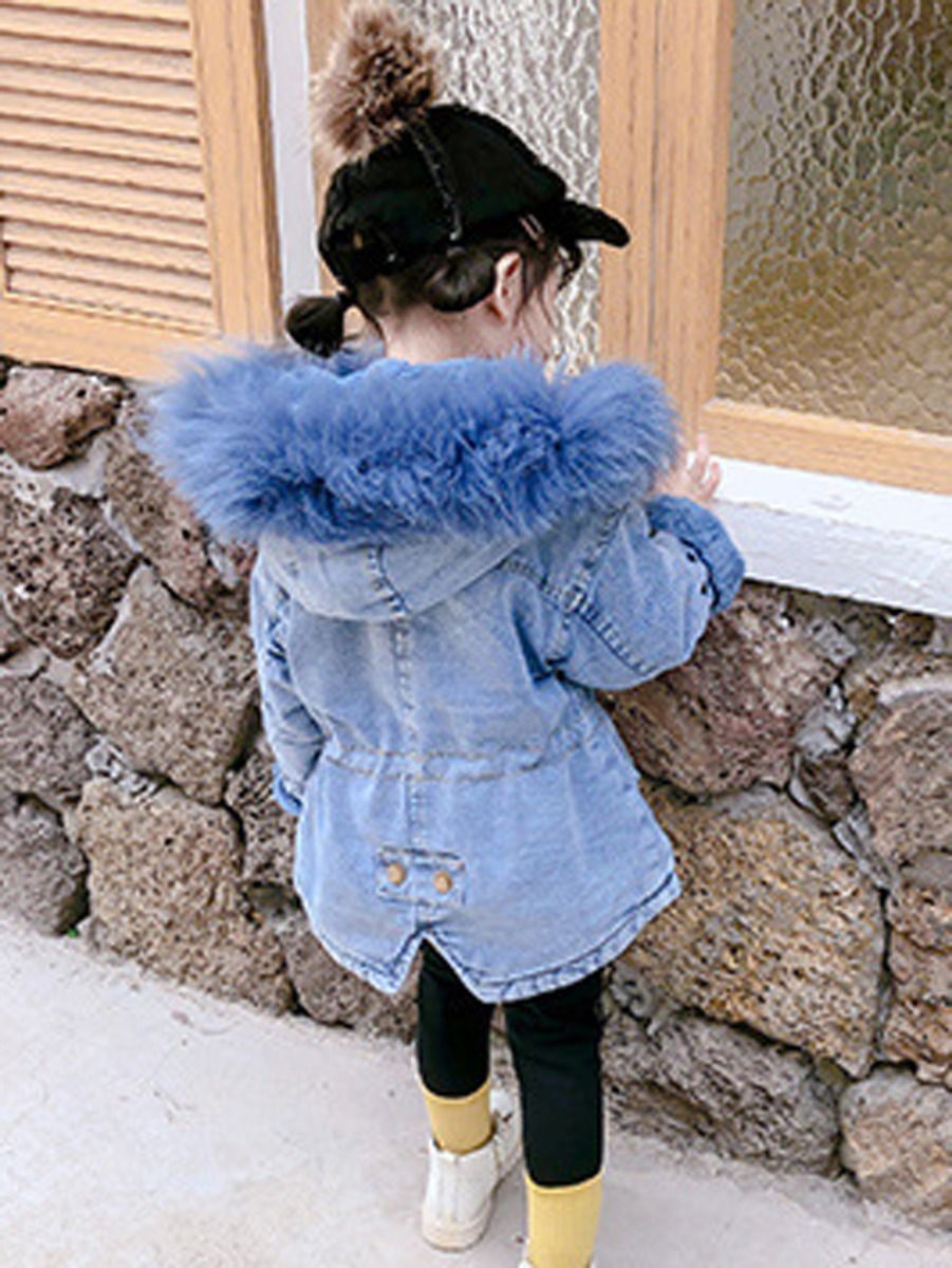 2 Colors Winter Stylish Denim Fur Hooded Winter Coat Jacket Pink and Blue - dianjiang-