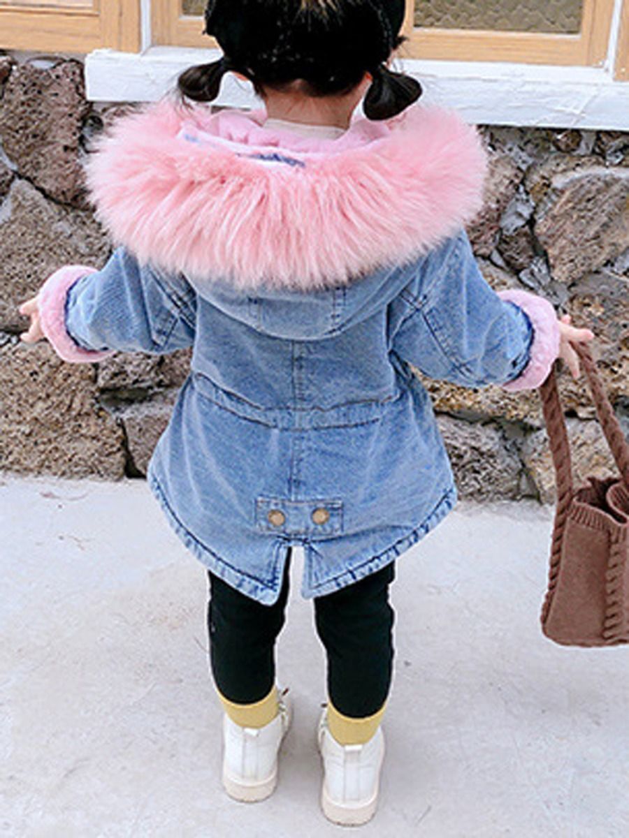 2 Colors Winter Stylish Denim Fur Hooded Winter Coat Jacket Pink and Blue - dianjiang-
