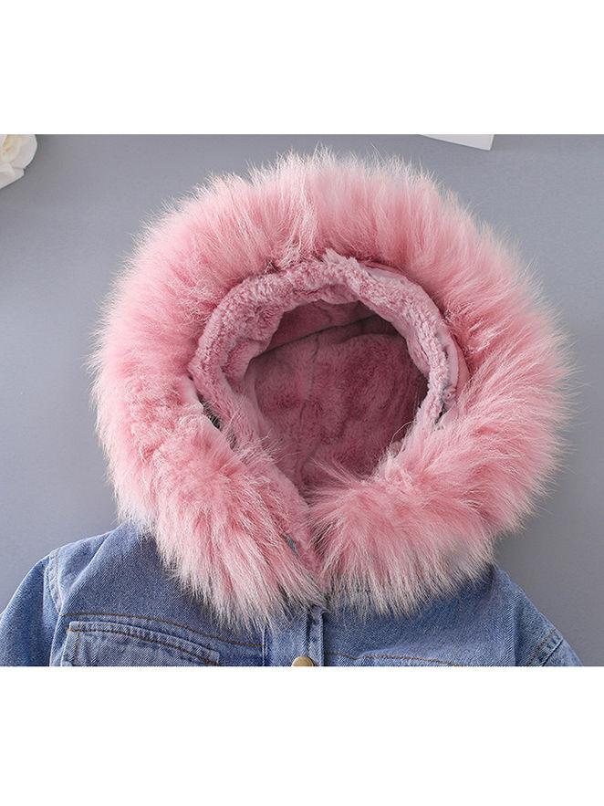 2 Colors Winter Stylish Denim Fur Hooded Winter Coat Jacket Pink and Blue - dianjiang-