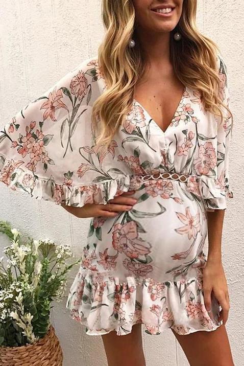 Maternity Sexy V Neck Printed Ruffled Dress - dianjiang-
