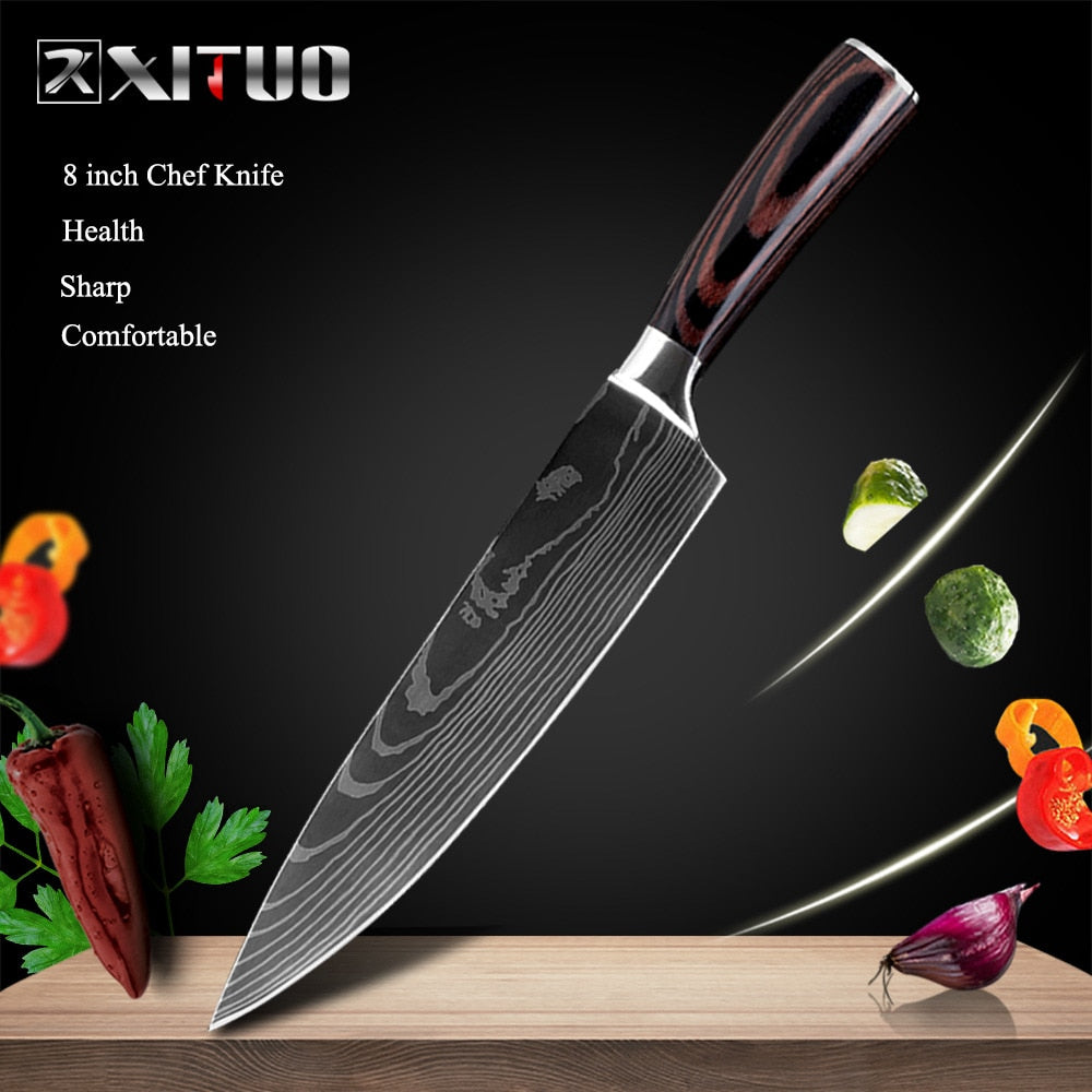 XITUO 8"inch japanese kitchen knives Laser Damascus pattern chef knife Sharp Santoku Cleaver Slicing Utility Knives tool EDC - dianjiang-