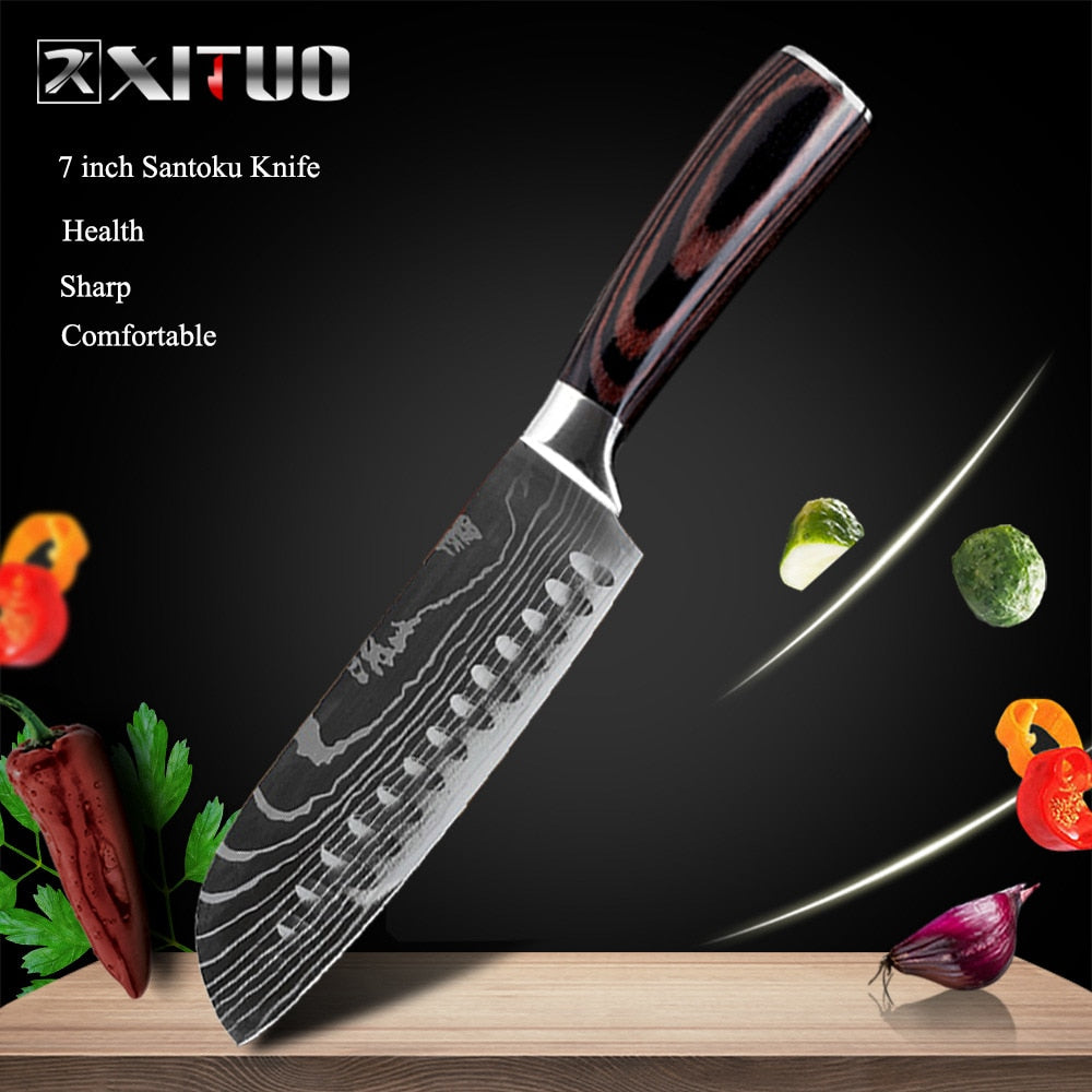 XITUO 8"inch japanese kitchen knives Laser Damascus pattern chef knife Sharp Santoku Cleaver Slicing Utility Knives tool EDC - dianjiang-