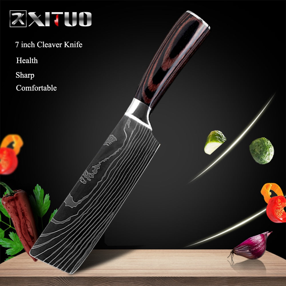 XITUO 8"inch japanese kitchen knives Laser Damascus pattern chef knife Sharp Santoku Cleaver Slicing Utility Knives tool EDC - dianjiang-