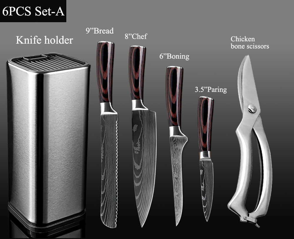 XITUO Kitchen Chef Set Knife Stainless Steel Knife Holder Santoku Utility Cut Cleaver Bread Paring Knives Scissors Cooking Tools - dianjiang-